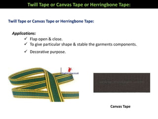 Twill Tape or Canvas Tape or Herringbone Tape:
Applications:
 Flap open & close.
 To give particular shape & stable the garments components.
 Decorative purpose.
Twill Tape or Canvas Tape or Herringbone Tape:
Canvas Tape
 