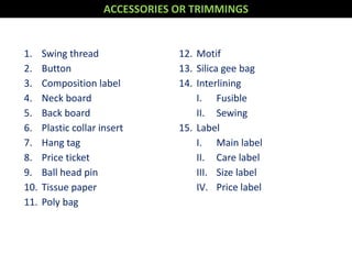 1. Swing thread
2. Button
3. Composition label
4. Neck board
5. Back board
6. Plastic collar insert
7. Hang tag
8. Price ticket
9. Ball head pin
10. Tissue paper
11. Poly bag
12. Motif
13. Silica gee bag
14. Interlining
I. Fusible
II. Sewing
15. Label
I. Main label
II. Care label
III. Size label
IV. Price label
ACCESSORIES OR TRIMMINGS
 