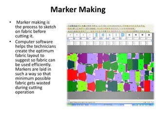Marker Making
• Marker making is
the process to sketch
on fabric before
cutting it.
• Computer software
helps the technicians
create the optimum
fabric layout to
suggest so fabric can
be used efficiently.
Markers are laid in
such a way so that
minimum possible
fabric gets wasted
during cutting
operation
 