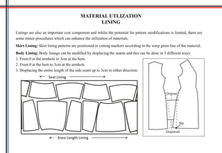 Linings are also an important cost component and whilst the potential for pattern modifications is limited, there are
some minor procedures which can enhance the utilization of materials.
Skirt Lining: Skirt lining patterns are positioned in cutting markers according to the warp grain line of the material.
Body Lining: Body linings can be modified by displacing the seams and this can be done in 3 different ways:
1. From 0 at the armhole to 3cm at the hem.
2. From 0 at the hem to 3cm at the armhole
3. Displacing the entire length of the side seam up to 3cm in either direction.
MATERIAL UTLIZATION
LINING
Knee Length Lining
Seat Lining
 