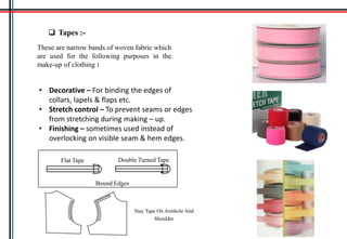  Tapes :-
These are narrow bands of woven fabric which
are used for the following purposes in the
make-up of clothing :
• Decorative – For binding the edges of
collars, lapels & flaps etc.
• Stretch control – To prevent seams or edges
from stretching during making – up.
• Finishing – sometimes used instead of
overlocking on visible seam & hem edges.
Flat Tape Double Turned Tape
Bound Edges
Stay Tape On Armhole And
Shoulder
 