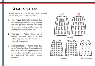  FABRIC PATTERN
1. One -way :- Pattern form dictates that
the garment patterns for every dictates
that the garment patterns for every
size in the cutting marker must be
positioned in one direction only.
2. Two-way :- Pattern form has a
definite direction but it is not
sufficiently dominant to warrant one-
way only positioning.
3. Non-directional :- Pattern form has
no definite directions & subject to the
pile factor pattern components for one
size can be positioned for one size can
be positioned in either length
direction.
PILE FABRIC
Fabric pattern refers to the form of the right side
of the cloth, and has three aspects:
Two-Way
One-Way
Non-Directional
 