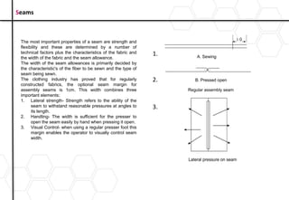 The most important properties of a seam are strength and
flexibility and these are determined by a number of
technical factors plus the characteristics of the fabric and
the width of the fabric and the seam allowance.
The width of the seam allowances is primarily decided by
the characteristic's of the fiber to be sewn and the type of
seam being sewn.
The clothing industry has proved that for regularly
constructed fabrics, the optional seam margin for
assembly seams is 1cm. This width combines three
important elements;
1. Lateral strength- Strength refers to the ability of the
seam to withstand reasonable pressures at angles to
its length.
2. Handling- The width is sufficient for the presser to
open the seam easily by hand when pressing it open.
3. Visual Control- when using a regular presser foot this
margin enables the operator to visually control seam
width.
1.
2.
3.
Seams
 