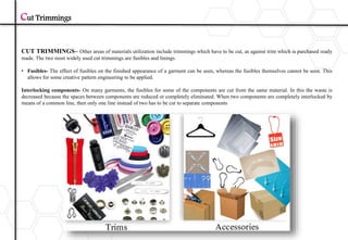 Cut Trimmings
CUT TRIMMINGS– Other areas of materials utilization include trimmings which have to be cut, as against trim which is purchased ready
made. The two most widely used cut trimmings are fusibles and linings.
• Fusibles- The effect of fusibles on the finished appearance of a garment can be seen, whereas the fusibles themselves cannot be seen. This
allows for some creative pattern engineering to be applied.
Interlocking components- On many garments, the fusibles for some of the components are cut from the same material. In this the waste is
decreased because the spaces between components are reduced or completely eliminated. When two components are completely interlocked by
means of a common line, then only one line instead of two has to be cut to separate components
 