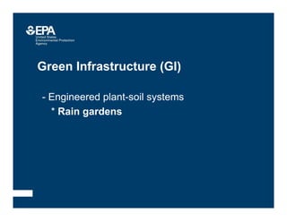 Green Infrastructure (GI)
• - Engineered plant-soil systems
–* Rain gardens
 