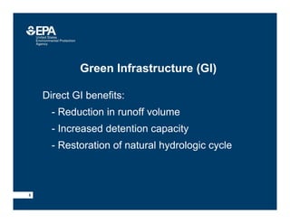 Green Infrastructure (GI)
• Direct GI benefits:
–- Reduction in runoff volume
–- Increased detention capacity
–- Restoration of natural hydrologic cycle
8
 