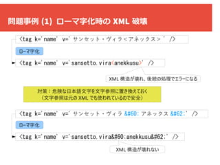 問題事例 (1) ローマ字化時の XML 破壊
対策：危険な日本語文字を文字参照に置き換えておく
（文字参照は元の XML でも使われているので安全）
XML 構造が壊れ、後続の処理でエラーになる
XML 構造が壊れない
<tag k='nam...