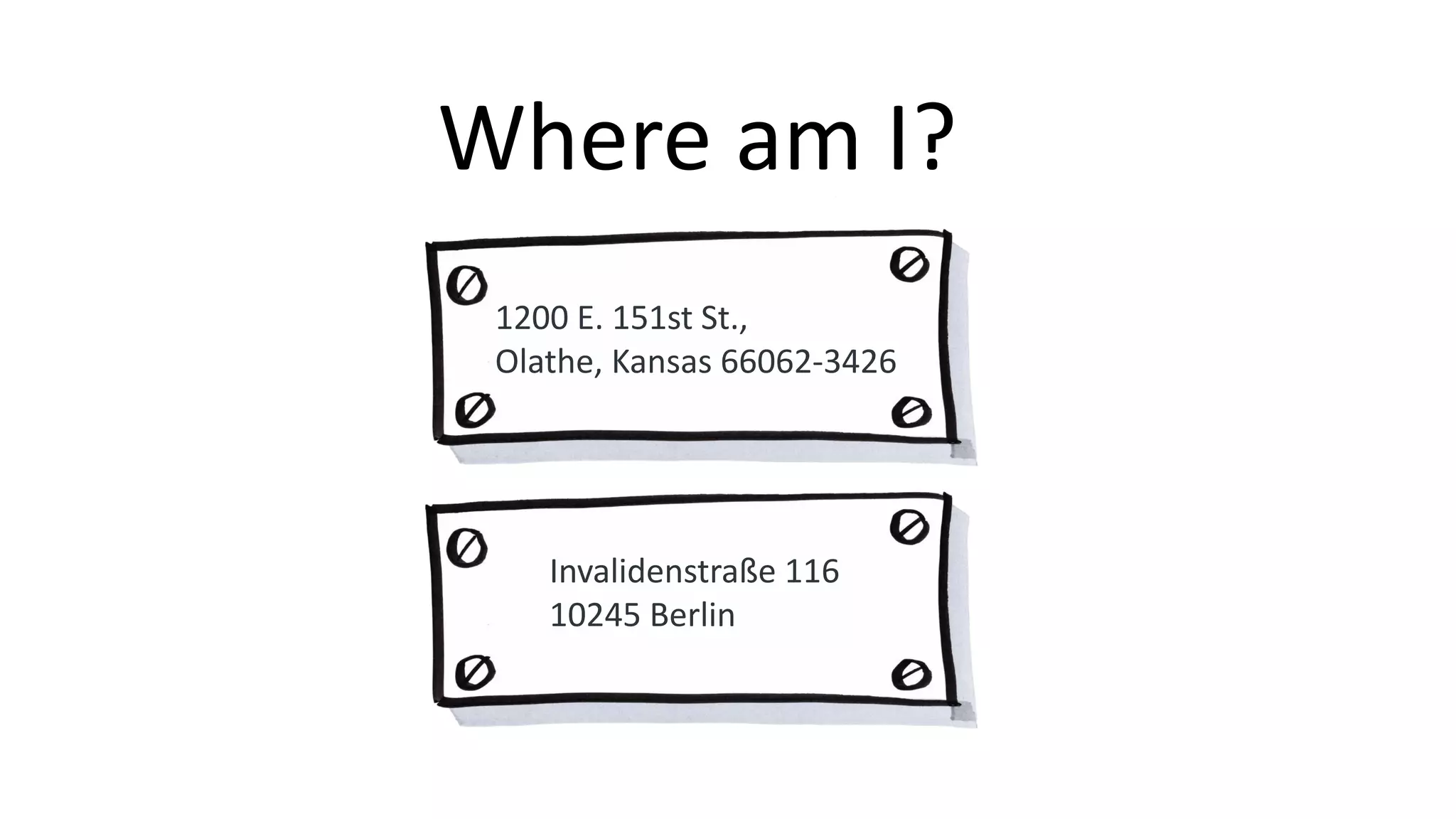 Where am I?
Invalidenstraße 116
10245 Berlin
1200 E. 151st St.,
Olathe, Kansas 66062-3426
 