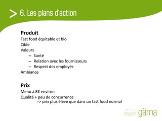 Produit Fast food équitable et bio Cible  Valeurs Santé Relation avec les fournisseurs Respect des employés Ambiance Prix Menu à 8€ environ Qualité + peu de concurrence    => prix plus élevé que dans un fast food normal 