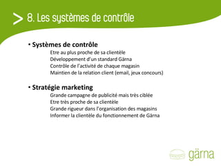 Systèmes de contrôle Etre au plus proche de sa clientèle Développement d’un standard Gärna Contrôle de l’activité de chaque magasin Maintien de la relation client (email, jeux concours) Stratégie marketing Grande campagne de publicité mais très ciblée Etre très proche de sa clientèle Grande rigueur dans l’organisation des magasins Informer la clientèle du fonctionnement de Gärna 