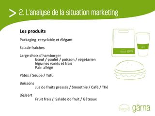 Les produits Packaging  recyclable et élégant Salade fraîches Large choix d’hamburger   bœuf / poulet / poisson / végétarien   légumes variés et frais   Pain allégé Pâtes / Soupe / Tofu Boissons   Jus de fruits pressés / Smoothie / Café / Thé Dessert   Fruit frais /  Salade de fruit / Gâteaux 