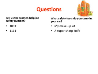 Questions
Tell us the women helpline
safety number?
• 1091
• 1111
What safety tools do you carry in
your car?
• My make-up kit
• A super-sharp knife
 