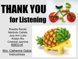 THANK YOU
Rosette Ramilo
Merlindo Cañete
Judy Ann Lobo
Krislyn Rio
Cristobal Jasmine
Mrs. Catherine Gabia
Instructress
BSED-III
for Listening
 