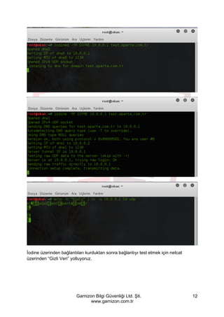 Garnizon Bilgi Güvenliği Ltd. Şti.
www.garnizon.com.tr
12
İodine üzerinden bağlantıları kurduktan sonra bağlantıyı test etmek için netcat
üzerinden “Gizli Veri” yolluyoruz.
 