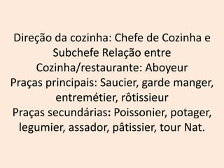 Direção da cozinha: Chefe de Cozinha e
Subchefe Relação entre
Cozinha/restaurante: Aboyeur
Praças principais: Saucier, garde manger,
entremétier, rôtissieur
Praças secundárias: Poissonier, potager,
legumier, assador, pâtissier, tour Nat.
 