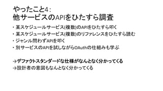 やったこと4：
他サービスのAPIをひたすら調査
 某スケジュールサービス(複数)のAPIをひたすら叩く
 某スケジュールサービス(複数)のリファレンスをひたすら読む
 ジャンル問わずAPIを叩く
 別サービスのAPIを試しながらOAuthの仕組みも学ぶ
→デファクトスタンダードな仕様がなんとなく分かってくる
→設計者の意図もなんとなく分かってくる
 