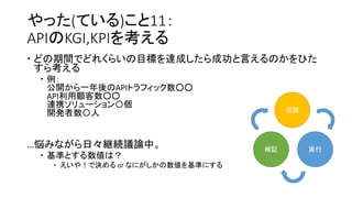 やった(ている)こと11：
APIのKGI,KPIを考える
 どの期間でどれくらいの目標を達成したら成功と言えるのかをひた
すら考える
 例：
公開から一年後のAPIトラフィック数○○
API利用顧客数○○
連携ソリューション〇個
開発者数〇人
…悩みながら日々継続議論中。
 基準とする数値は？
 えいや！で決める or なにがしかの数値を基準にする
仮説
検証 実行
 