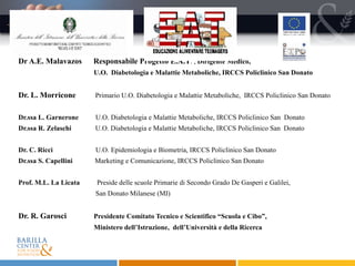 Dr A.E. Malavazos   Responsabile Progetto E.A.T . ,  Dirigente Medico,  U.O.  Diabetologia e Malattie Metaboliche, IRCCS Policlinico San Donato  Dr. L. Morricone   Primario U.O. Diabetologia e Malattie Metaboliche,  IRCCS Policlinico San Donato Dr.ssa L. Garnerone   U.O. Diabetologia e Malattie Metaboliche, IRCCS Policlinico San  Donato Dr.ssa R. Zelaschi   U.O. Diabetologia e Malattie Metaboliche, IRCCS Policlinico San  Donato Dr. C. Ricci   U.O. Epidemiologia e Biometria, IRCCS Policlinico San Donato Dr.ssa S. Capellini   Marketing e Comunicazione, IRCCS Policlinico San Donato Prof. M.L. La Licata   Preside delle scuole Primarie di Secondo Grado De Gasperi e Galilei,  San Donato Milanese (MI) Dr. R. Garosci   Presidente Comitato Tecnico e Scientifico “Scuola e Cibo”,  Ministero dell’Istruzione,  dell’Università e della Ricerca l 