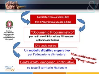 Ministero dell’Istruzione dell’Università e della Ricerca Dipartimento per l’Istruzione Comitato Tecnico Scientifico Per il Programma Scuola & Cibo per un Piano di Educazione Alimentare  nella Scuola Italiana  Centralizzato, omogeneo, continuativo  “ Documento Programmatico” Sistematizzazione  del “Programma” Un modello didattico e operativo per l’educazione alimentare  su tutto il territorio Nazionale Che vuole essere  
