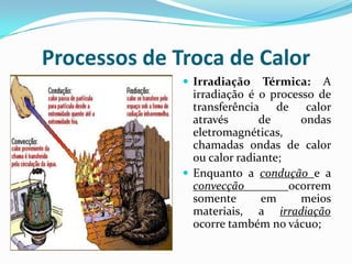 Processos de Troca de Calor
               Irradiação    Térmica: A
                irradiação é o processo de
                transferência de calor
                através      de      ondas
                eletromagnéticas,
                chamadas ondas de calor
                ou calor radiante;
               Enquanto a condução e a
                convecção          ocorrem
                somente       em     meios
                materiais, a irradiação
                ocorre também no vácuo;
 