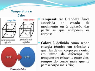 Temperatura e
   Calor
                 Temperatura: Grandeza física
                 associada   ao  estado   de
                 movimento ou à agitação das
                 partículas que compõem os
                 corpos;

                 Calor: É definido como sendo
                 energia térmica em trânsito e
                 que flui de um corpo para outro
                 em razão da diferença de
                 temperatura existente entre eles,
                 sempre do corpo mais quente
                 para o corpo mais frio;
 