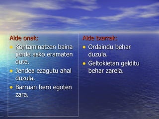 Alde onak: Kontaminatzen baina jende asko eramaten dute.  Jendea ezagutu ahal duzula. Barruan bero egoten zara. Alde txarrak: Ordaindu behar duzula. Geltokietan gelditu behar zarela. 