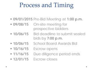 Process and Timing
 09/01/2015 Pre-Bid Meeting at 1:00 p.m.
 09/08/15 On-site meeting for
prospective bidders
 10/06/15 Bid deadline to submit sealed
bids by 7:00 p.m.
 10/06/15 School Board Awards Bid
 10/16/15 Escrow opens
 11/16/15 Due diligence period ends
 12/01/15 Escrow closes
 