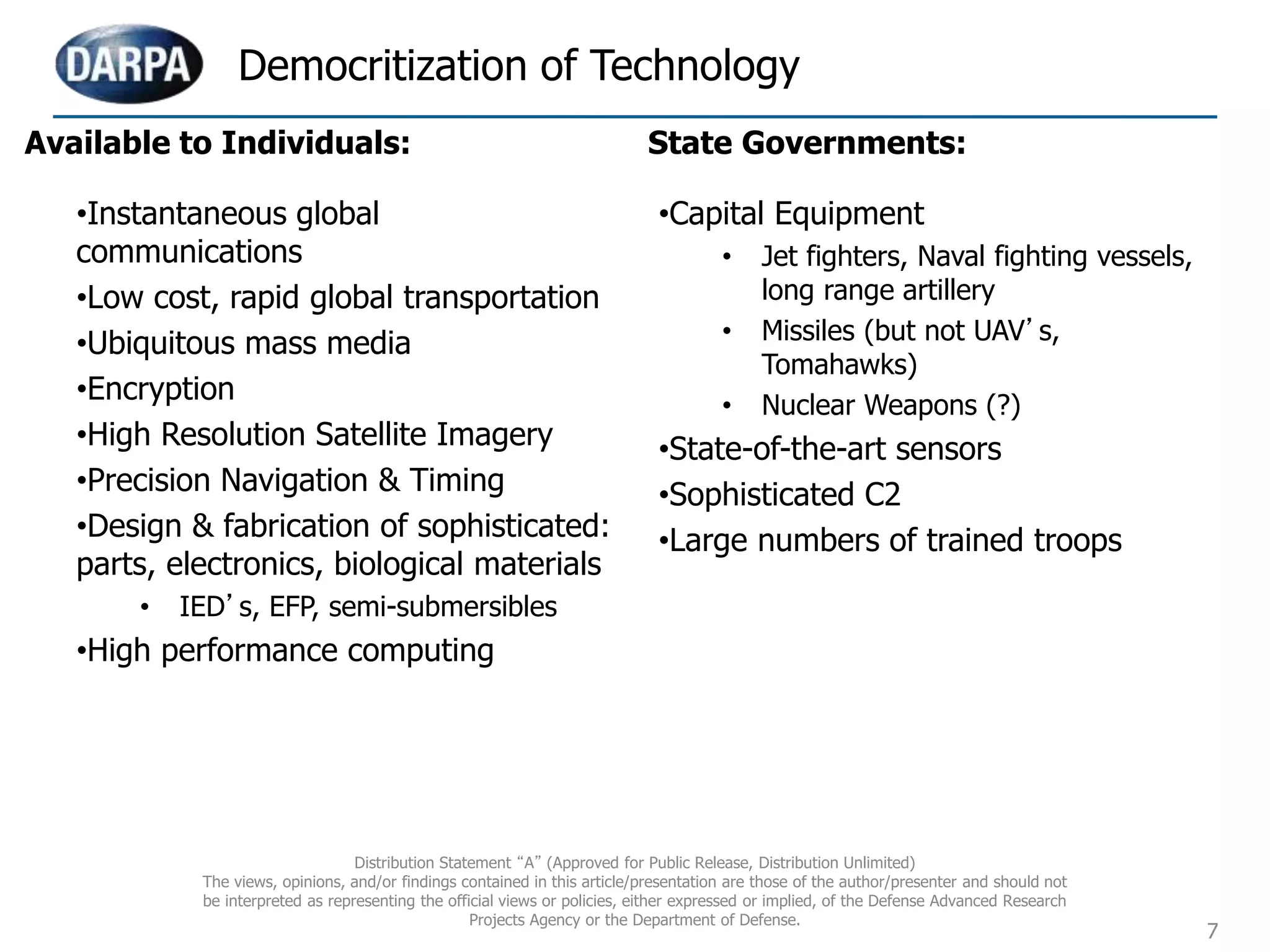 7
•Instantaneous global
communications
•Low cost, rapid global transportation
•Ubiquitous mass media
•Encryption
•High Resolution Satellite Imagery
•Precision Navigation & Timing
•Design & fabrication of sophisticated:
parts, electronics, biological materials
• IED’s, EFP, semi-submersibles
•High performance computing
•Capital Equipment
• Jet fighters, Naval fighting vessels,
long range artillery
• Missiles (but not UAV’s,
Tomahawks)
• Nuclear Weapons (?)
•State-of-the-art sensors
•Sophisticated C2
•Large numbers of trained troops
Democritization of Technology
Available to Individuals: State Governments:
Distribution Statement “A” (Approved for Public Release, Distribution Unlimited)
The views, opinions, and/or findings contained in this article/presentation are those of the author/presenter and should not
be interpreted as representing the official views or policies, either expressed or implied, of the Defense Advanced Research
Projects Agency or the Department of Defense.
 