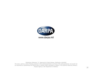 www.darpa.mil
20
Distribution Statement “A” (Approved for Public Release, Distribution Unlimited)
The views, opinions, and/or findings contained in this article/presentation are those of the author/presenter and should not
be interpreted as representing the official views or policies, either expressed or implied, of the Defense Advanced Research
Projects Agency or the Department of Defense.
 