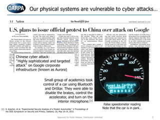 Our physical systems are vulnerable to cyber attacks…
Small group of academics took
control of a car using Bluetooth
and OnStar. They were able to
disable the brakes, control the
accelerator, and turn on the
interior microphone.[1]
Chinese cyber attack:
“Highly sophisticated and targeted
attack” on Google corporate
infrastructure (known as Aurora)
False speedometer reading
Note that the car is in park…[1] K. Koscher, et al. "Experimental Security Analysis of a Modern Automobile," in Proceedings of
the IEEE Symposium on Security and Privacy, Oakland, CA, May 16-19, 2010.
Approved for Public Release, Distribution Unlimited 9
 