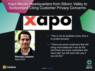 Xapo Moves Headquarters from Silicon Valley to
Switzerland Citing Customer Privacy Concerns
14Source: CoinDesk
• “This is ...