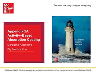 Because learning changes everything.®
Appendix 2A
Activity–Based
Absorption Costing
Managerial Accounting
Eighteenth edition
© McGraw Hill LLC. All rights reserved. No reproduction or distribution without the prior written consent of McGraw Hill LLC.
 