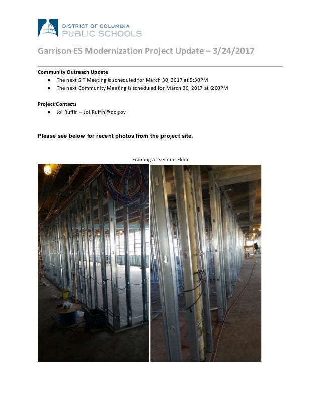  
	
  
Garrison	
  ES	
  Modernization	
  Project	
  Update	
  –	
  3/24/2017	
  
	
  
Community	
  Outreach	
  Update	
  ...