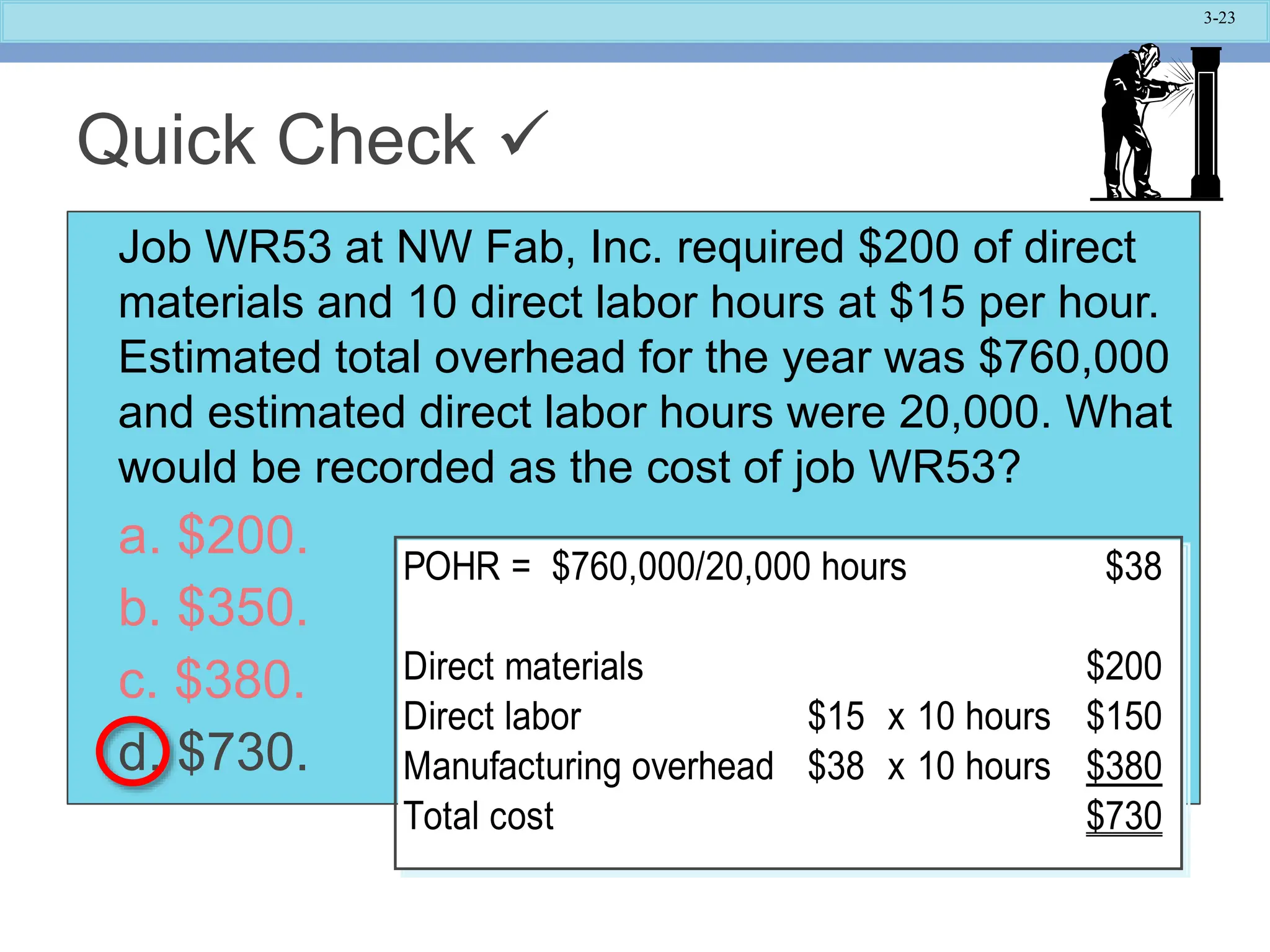 3-23
Job WR53 at NW Fab, Inc. required $200 of direct
materials and 10 direct labor hours at $15 per hour.
Estimated total overhead for the year was $760,000
and estimated direct labor hours were 20,000. What
would be recorded as the cost of job WR53?
a. $200.
b. $350.
c. $380.
d. $730.
Quick Check 
POHR = $760,000/20,000 hours $38
Direct materials $200
Direct labor $15 x 10 hours $150
Manufacturing overhead $38 x 10 hours $380
Total cost $730
 