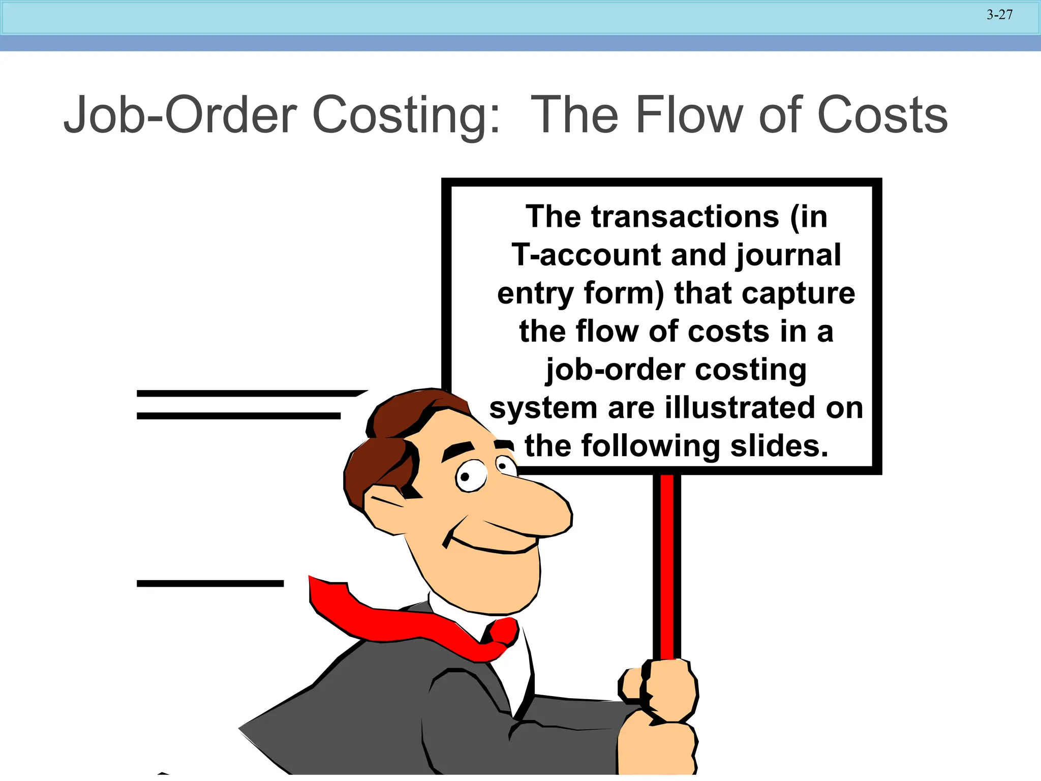 3-27
Job-Order Costing: The Flow of Costs
The transactions (in
T-account and journal
entry form) that capture
the flow of costs in a
job-order costing
system are illustrated on
the following slides.
 