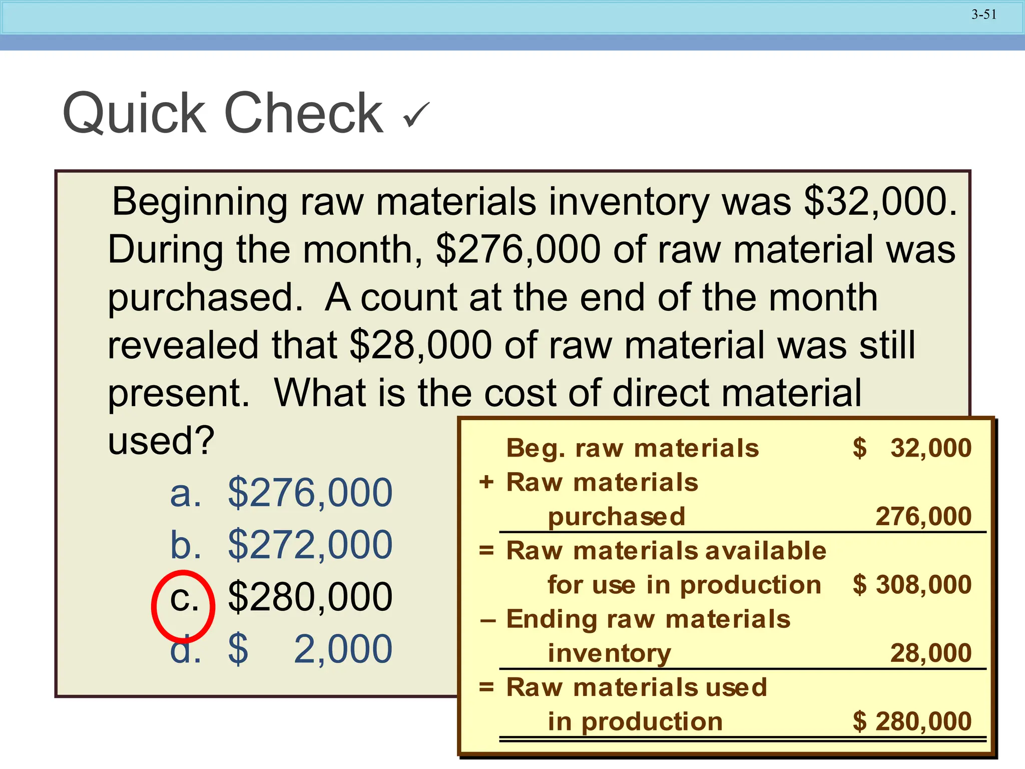 3-51
Beginning raw materials inventory was $32,000.
During the month, $276,000 of raw material was
purchased. A count at the end of the month
revealed that $28,000 of raw material was still
present. What is the cost of direct material
used?
a. $276,000
b. $272,000
c. $280,000
d. $ 2,000
Quick Check 
Beg. raw materials 32,000
$
+ Raw materials
purchased 276,000
= Raw materials available
for use in production 308,000
$
– Ending raw materials
inventory 28,000
= Raw materials used
in production 280,000
$
 