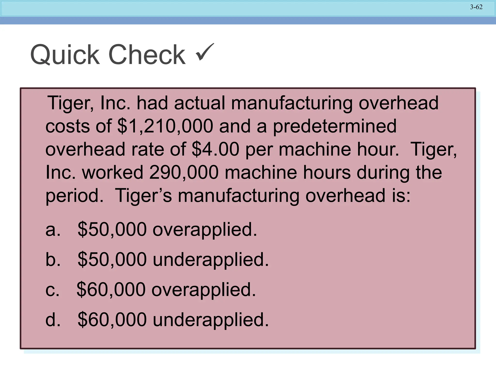 3-62
Tiger, Inc. had actual manufacturing overhead
costs of $1,210,000 and a predetermined
overhead rate of $4.00 per machine hour. Tiger,
Inc. worked 290,000 machine hours during the
period. Tiger’s manufacturing overhead is:
a. $50,000 overapplied.
b. $50,000 underapplied.
c. $60,000 overapplied.
d. $60,000 underapplied.
Quick Check 
 