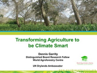 Transforming Agriculture to
be Climate Smart
Dennis Garrity
Distinguished Board Research Fellow
World Agroforestry Centre
UN Drylands Ambassador
 