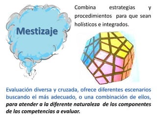 Mestizaje

Combina
estrategias
y
procedimientos para que sean
holísticos e integrados.

para atender a la diferente naturaleza de los componentes
de las competencias a evaluar.

 