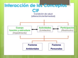 Condición de salud
(alteración/enfermedad)
Interacción de los Conceptos
CIF
Factores
Ambientales
Factores
Personales
Cuerpo
función y estructura
(Impedimento)
Actividades
(Limitación)
Participación
(Restricción)
 