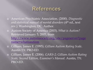 ReferencesAmerican Psychiatric Association. (2000). Diagnostic and statistical manual of mental disorders (4th ed., text rev.). Washington, DC: Author.Autism Society of America (2003). What is Autism? Retrieved January 5, 2005, from http://www.autismsociety.org/site/pageserver?pagename=whatisautismGilliam, James E. (1995). Gilliam Autism Rating Scale. Austin TX: PRO-ED.Gilliam, James E. (2006). GARS-2; Gilliam Autism Rating Scale, Second Edition, Examiner’s Manual. Austin, TX: PRO-ED.