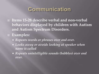 CommunicationItems 15-28 describe verbal and non-verbal behaviors displayed by children with Autism and Autism Spectrum Disorders.Examples:Repeats words or phrases over and over.Looks away or avoids looking at speaker when name is calledRepeats unintelligible sounds (babbles) over and over.