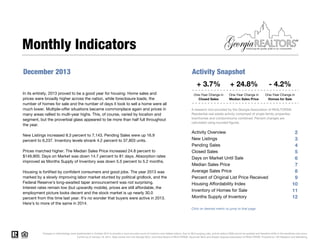 Monthly Indicators
December 2013

Activity Snapshot
+ 3.7%

In its entirety, 2013 proved to be a good year for housing. Home sales and
prices were broadly higher across the nation, while foreclosure loads, the
number of homes for sale and the number of days it took to sell a home were all
much lower. Multiple-offer situations became commonplace again and prices in
many areas rallied to multi-year highs. This, of course, varied by location and
segment, but the proverbial glass appeared to be more than half full throughout
the year.
New Listings increased 8.3 percent to 7,143. Pending Sales were up 16.9
percent to 6,237. Inventory levels shrank 4.2 percent to 37,803 units.
Prices marched higher. The Median Sales Price increased 24.8 percent to
$149,900. Days on Market was down 14.7 percent to 81 days. Absorption rates
improved as Months Supply of Inventory was down 5.5 percent to 5.2 months.
Housing is fortified by confident consumers and good jobs. The year 2013 was
marked by a slowly improving labor market stunted by political gridlock, and the
Federal Reserve's long-awaited taper announcement was not surprising.
Interest rates remain low (but upwardly mobile), prices are still affordable, the
employment picture looks decent and the stock market is up nearly 30.0
percent from this time last year. It's no wonder that buyers were active in 2013.
Here's to more of the same in 2014.

+ 24.8%

- 4.2%

One-Year Change in
Closed Sales

One-Year Change in
Median Sales Price

One-Year Change in
Homes for Sale

A research tool provided by the Georgia Association of REALTORS®.
Residential real estate activity comprised of single-family properties,
townhomes and condominiums combined. Percent changes are
calculated using rounded figures.

Activity Overview
New Listings
Pending Sales
Closed Sales
Days on Market Until Sale
Median Sales Price
Average Sales Price
Percent of Original List Price Received
Housing Affordability Index
Inventory of Homes for Sale
Months Supply of Inventory

2
3
4
5
6
7
8
9
10
11
12

Click on desired metric to jump to that page.

Changes in methodology were implemented in October 2012 to provide a more accurate count of inventory and related metrics. Due to MLS purging rules, activity before 2008 cannot be updated and therefore shifts in the trendlines may occur.
Current as of January 16, 2014. Data comes from the Georgia MLS, Columbus Board of REALTORS®, Savannah MLS and Greater Augusta Association of REALTORS®. Powered by 10K Research and Marketing.

 