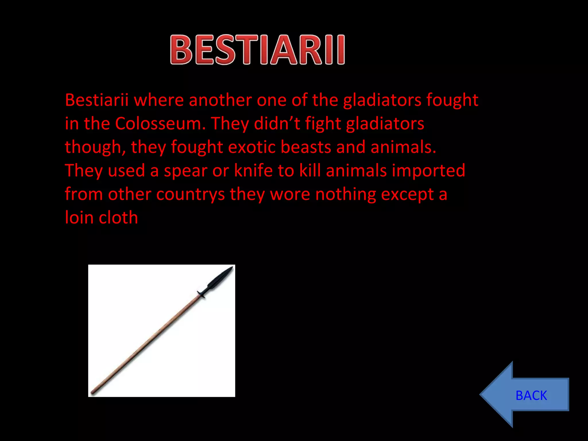 BACK Bestiarii where another one of the gladiators fought in the Colosseum. They didn’t fight gladiators though, they fought exotic beasts and animals.  They used a spear or knife to kill animals imported from other countrys they wore nothing except a loin cloth 