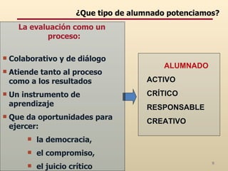¿Que tipo de alumnado  potenciamos? La evaluación como un proceso:  Colaborativo y de diálogo Atiende tanto al proceso como a los resultados Un instrumento de aprendizaje  Que da oportunidades para ejercer: la democracia, el compromiso,  el juicio crítico   ALUMNADO ACTIVO CRÍTICO RESPONSABLE CREATIVO 