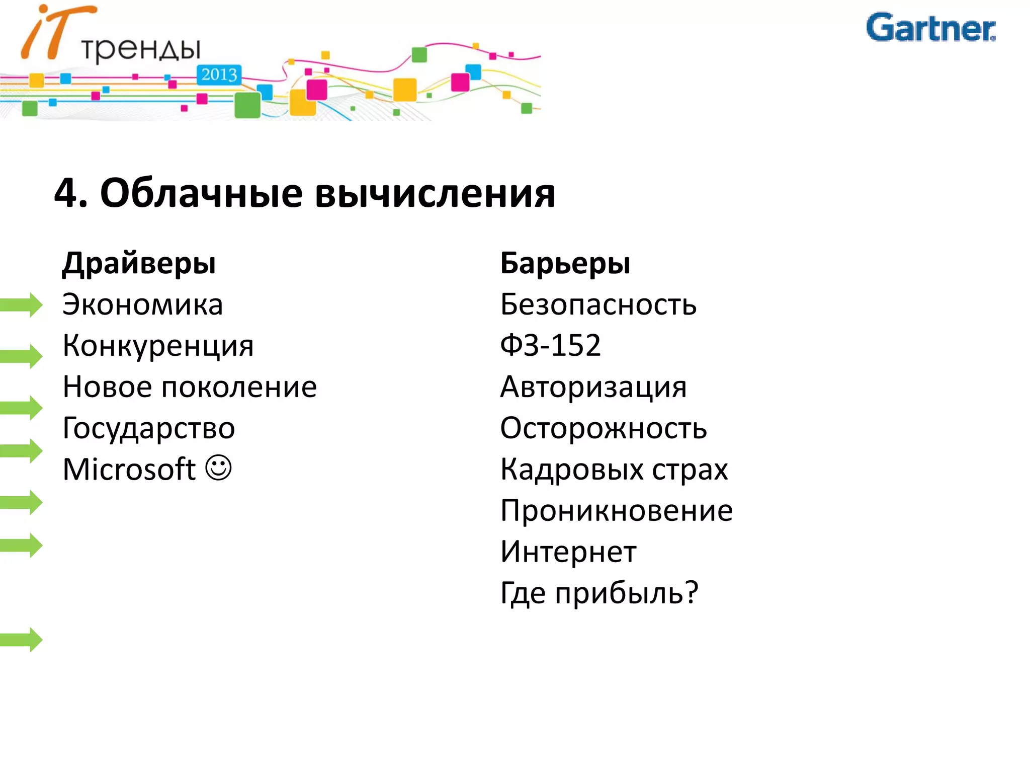 4. Облачные вычисления
Драйверы           Барьеры
Экономика          Безопасность
Конкуренция        ФЗ-152
Новое поколение    Авторизация
Государство        Осторожность
Microsoft         Кадровых страх
                   Проникновение
                   Интернет
                   Где прибыль?
 