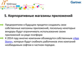 5. Корпоративные магазины приложений

Предприятиям в будущем придется создавать свои
собственные магазины приложений, поскольку некоторые
вендоры будут ограничивать использование своих
приложений на ряде платформ
К 2014 году многие компании обзаведутся собственным «App
Store», которые будут снабжать работников этих компаний
необходимым софтом в частном порядке.
 