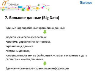 7. Большие данные (Big Data)

Единые корпоративные хранилища данных

модели из нескольких систем:
•системы управления контентом,
•хранилища данных,
•витрины данных,
•специализированные файловые системы, связанные с дата
сервисами и мета данными

Единое «логическое» хранилище информации
 
