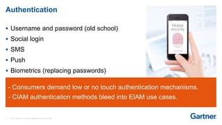 15 © 2017 Gartner, Inc. and/or its affiliates. All rights reserved.
- Consumers demand low or no touch authentication mechanisms.
- CIAM authentication methods bleed into EIAM use cases.
 Username and password (old school)
 Social login
 SMS
 Push
 Biometrics (replacing passwords)
Authentication
 