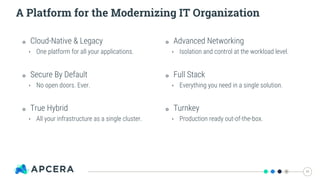 A Platform for the Modernizing IT Organization
11
๏ Cloud-Native & Legacy
‣ One platform for all your applications.
๏ Secure By Default
‣ No open doors. Ever.
๏ True Hybrid
‣ All your infrastructure as a single cluster.
๏ Advanced Networking
‣ Isolation and control at the workload level.
๏ Full Stack
‣ Everything you need in a single solution.
๏ Turnkey
‣ Production ready out-of-the-box.
 